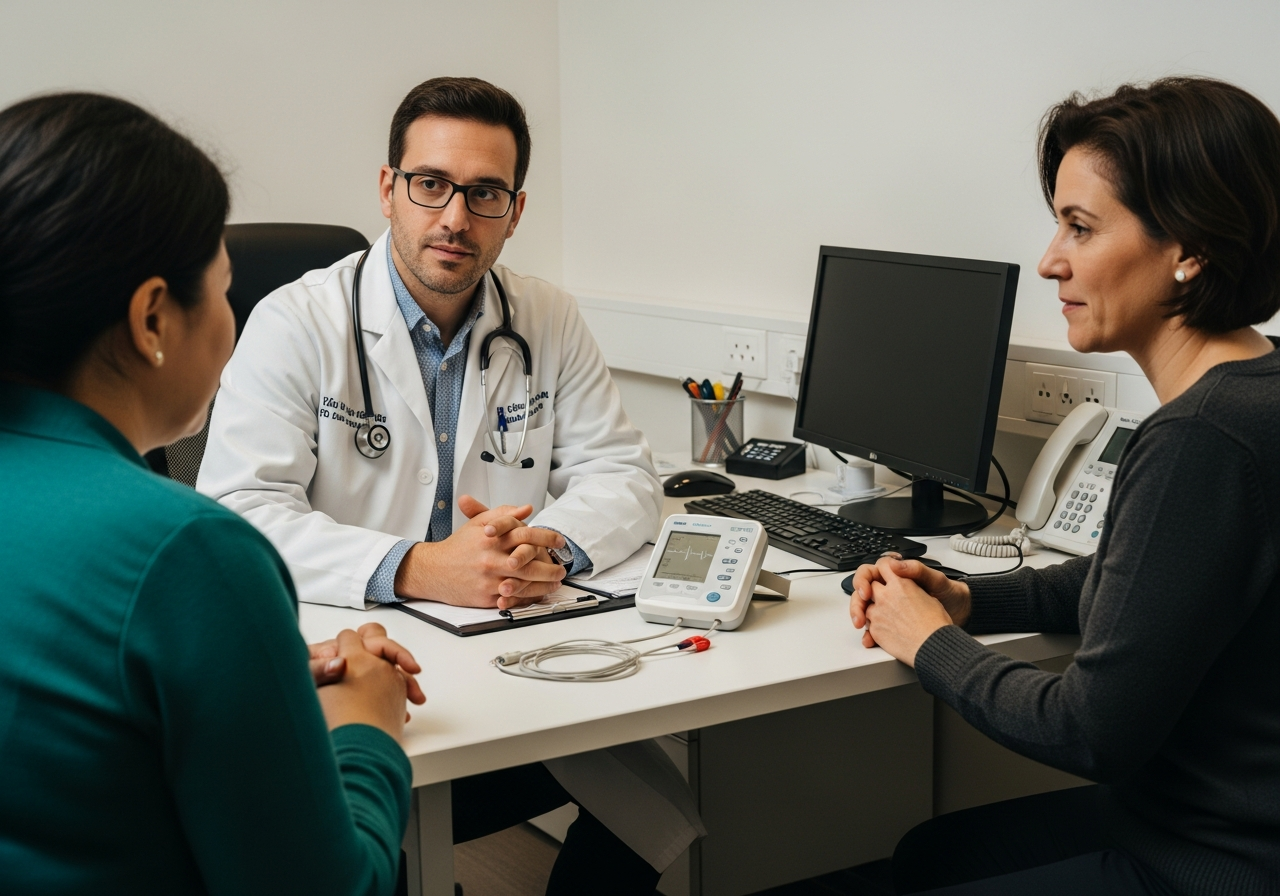 Cardiologue en consultation examinant un patient avec un appareil Holter ECG posé sur la table