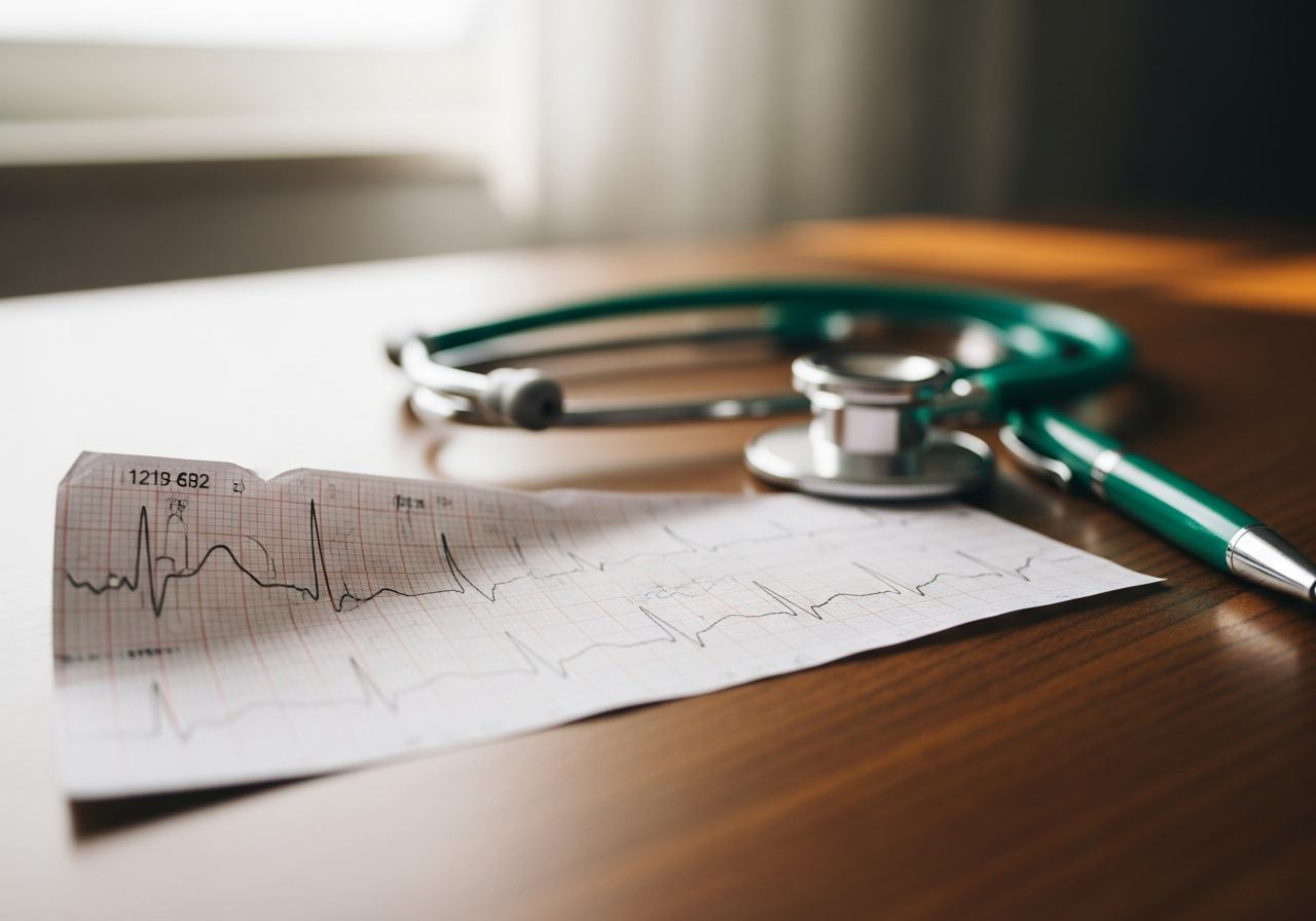 Tracé d'ECG 12 dérivations imprimé avec rythme irrégulier évocateur de fibrillation auriculaire, posé sur un bureau médical