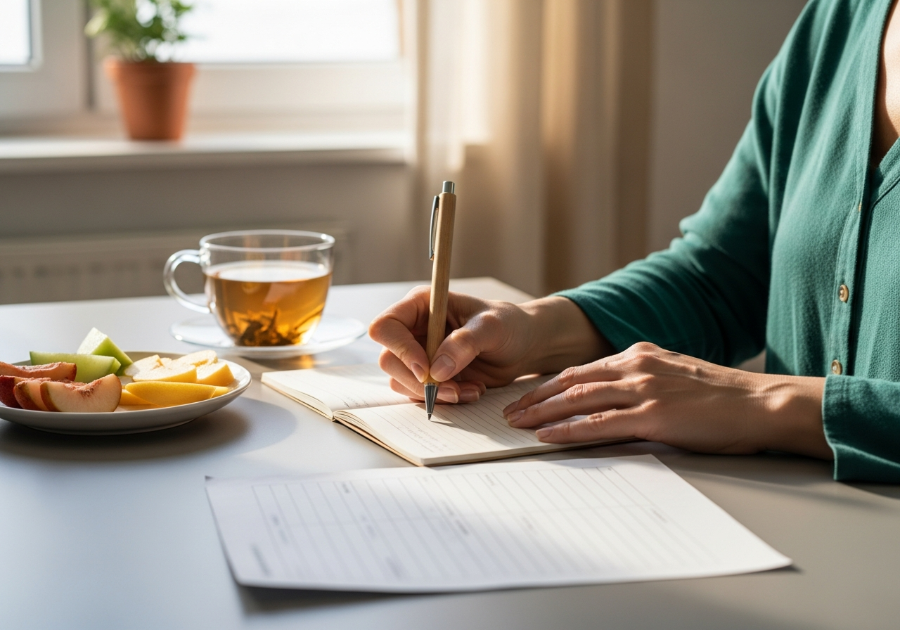 Patiente notant à la main son journal alimentaire et symptômes dans un carnet papier avec un stylo et une tasse de tisane