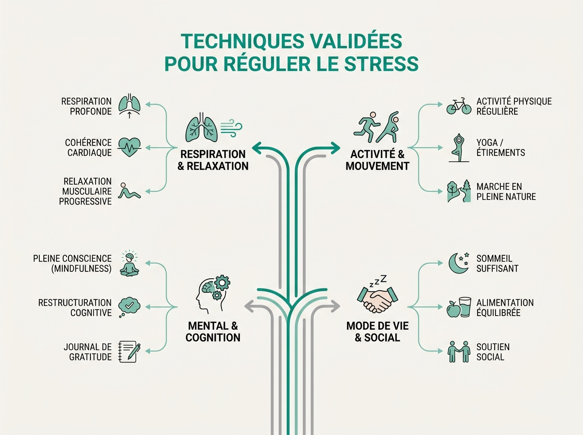 Schéma médical illustrant « Les techniques validées pour réguler le stress »