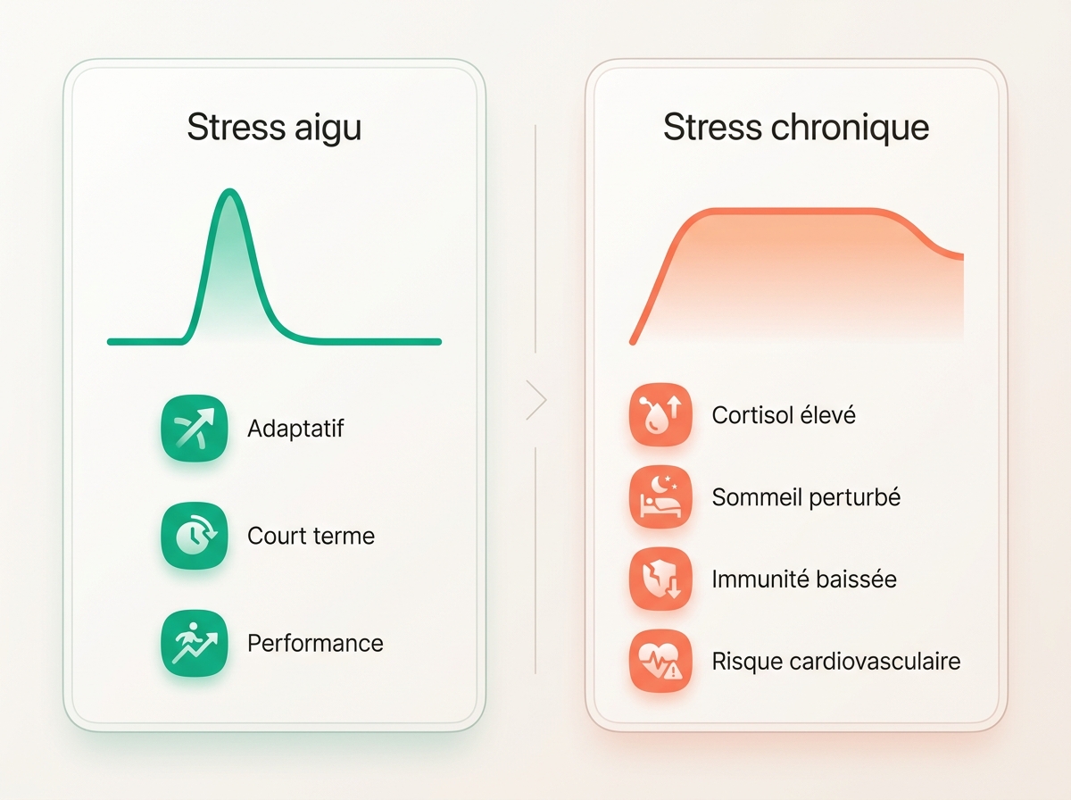 Comparaison visuelle entre stress aigu (réponse courte et adaptative) et stress chronique (activation prolongée du cortisol)