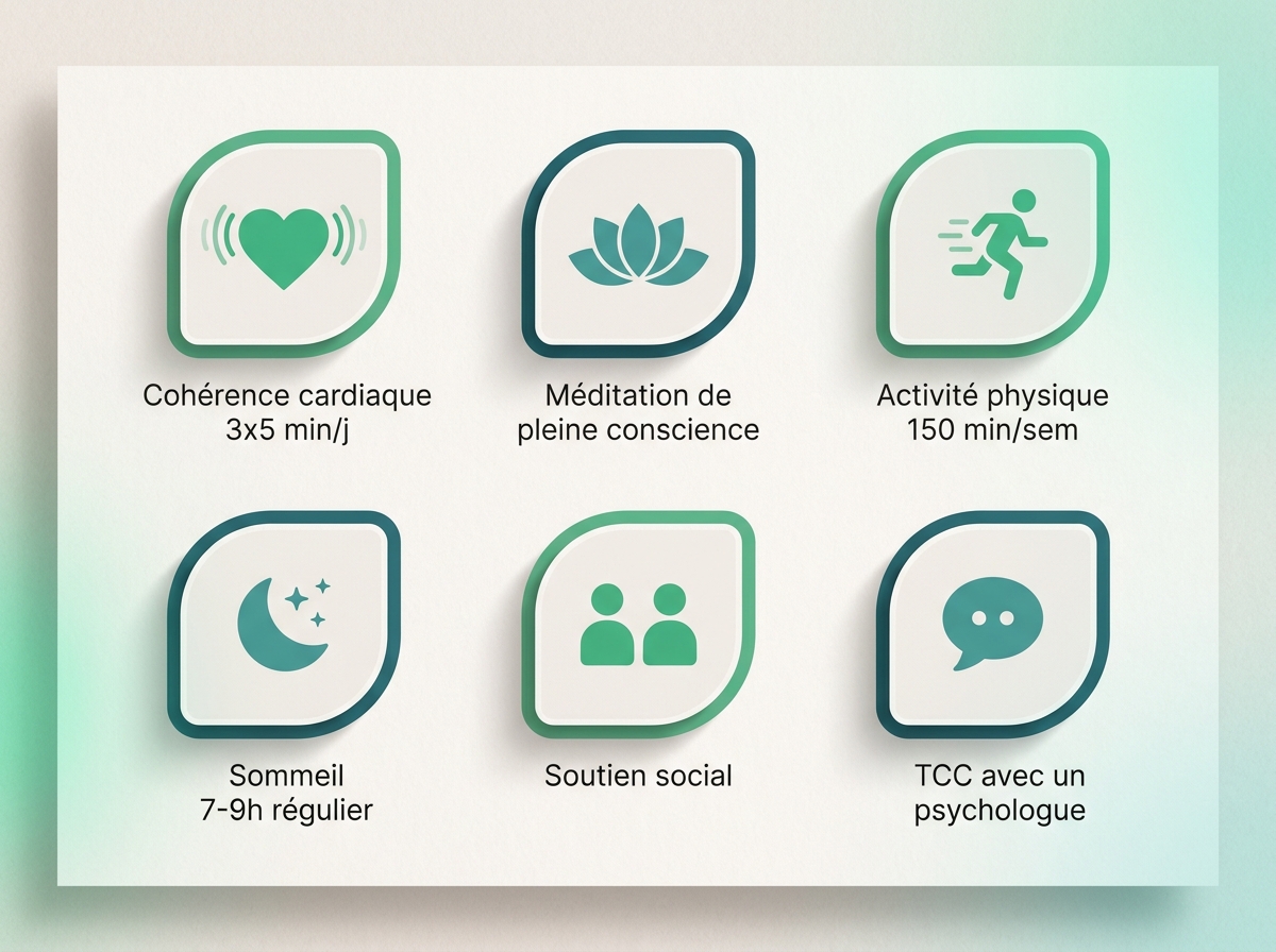 Infographie des techniques antistress validées : cohérence cardiaque, méditation, activité physique, sommeil, soutien social, TCC