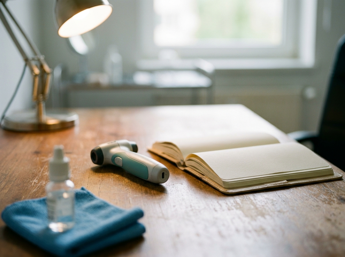 Plan de travail d'ophtalmologie avec un tonomètre portable, un carnet de notes cliniques blanc, une lampe anglepoise allumée et un flacon de collyre disposés sur un bois clair