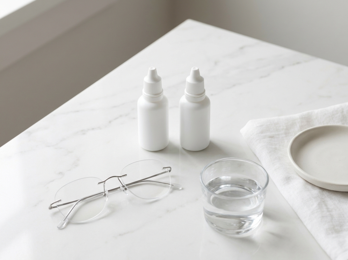 Deux flacons de collyre ophtalmique blancs, une paire de lunettes à monture fine et un verre d'eau sur un plan de marbre clair, lumière matinale
