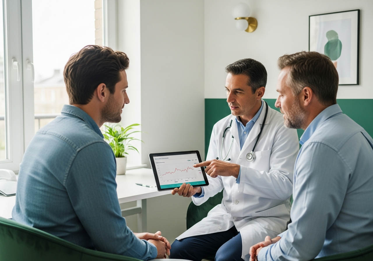 Consultation avec un diabétologue qui montre à son patient un graphique de glycémie sur une tablette