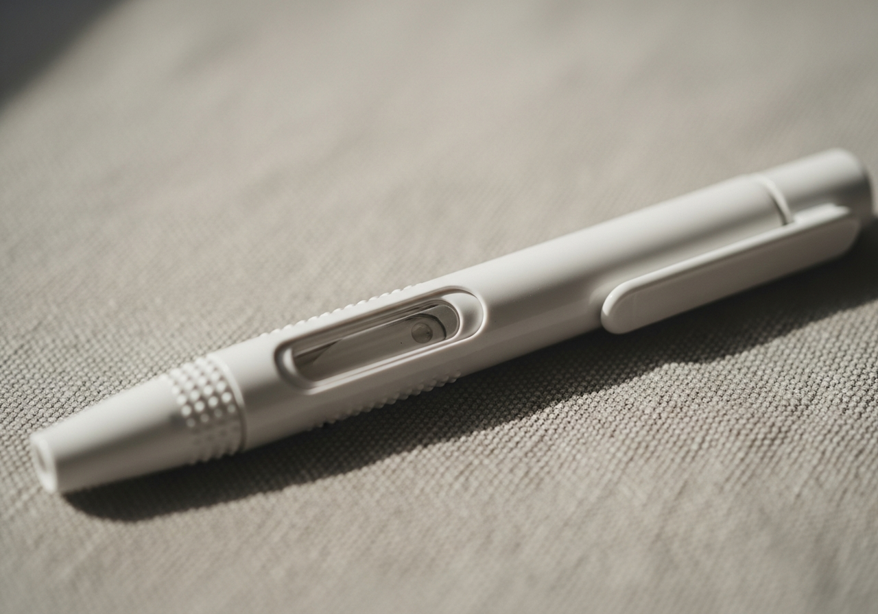 Gros plan sur un stylo injecteur sous-cutané d'analogue GLP-1 posé sur un tissu neutre
