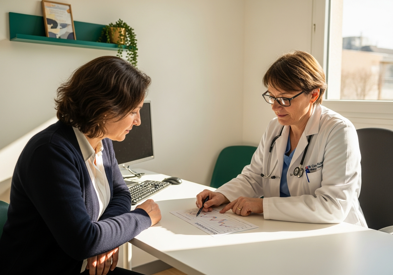Patient diabétique en consultation avec son endocrinologue qui commente la courbe d'HbA1c des derniers mois