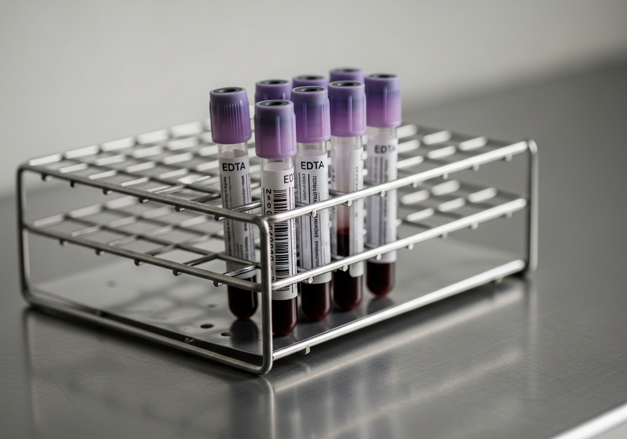 Tubes de prélèvement sanguin à bouchon lavande pour dosage de l'hémoglobine glyquée sur un portoir de laboratoire
