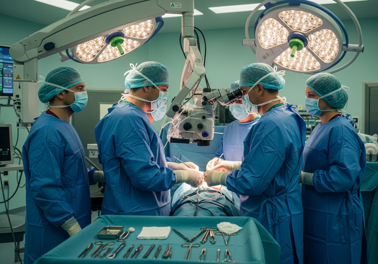 Équipe de neurochirurgie en bloc opératoire préparant une microdiscectomie lombaire sous microscope