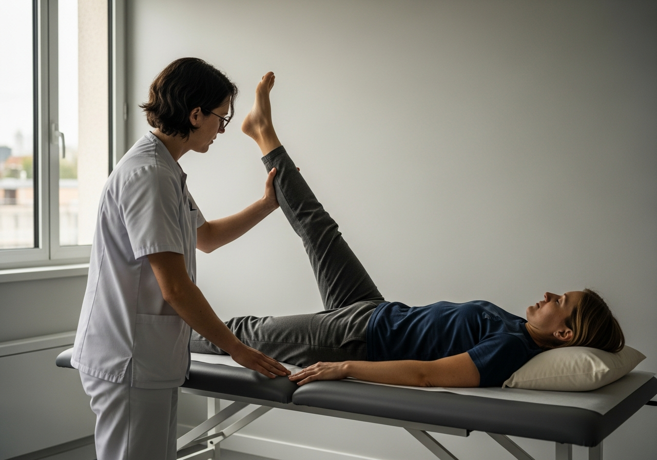 Médecin réalisant le test de Lasègue chez un patient allongé — flexion passive de la hanche, jambe tendue
