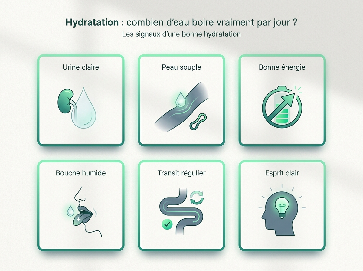 Infographie illustrant les points clés de la section « Les signaux d'une bonne hydratation »