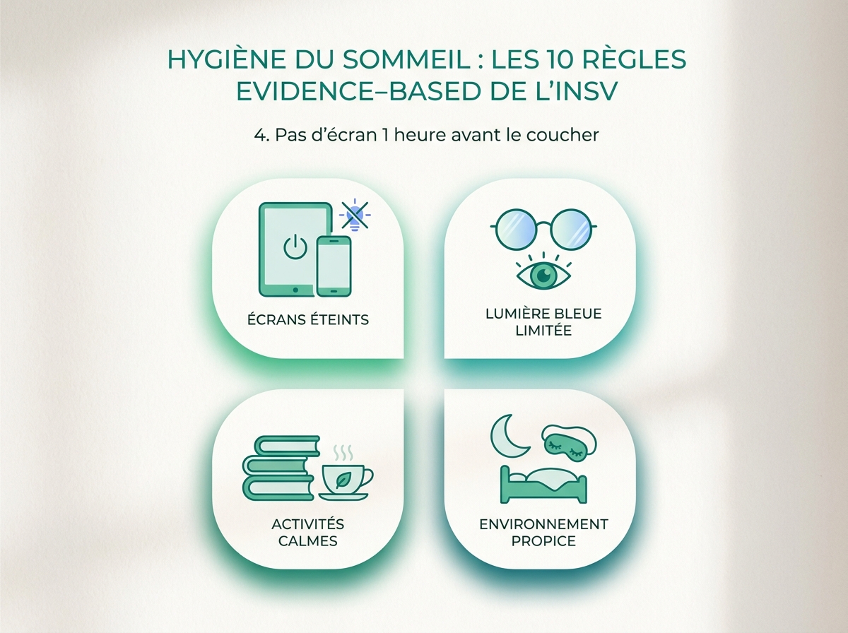 Infographie illustrant les points clés de la section « 4. Pas d'écran 1 heure avant le coucher »