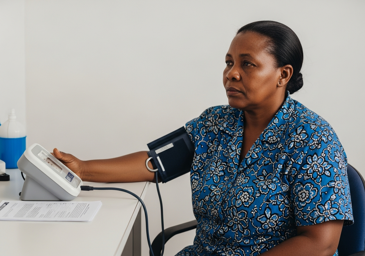 Femme adulte réalisant une automesure tensionnelle à domicile sur un tensiomètre électronique posé sur une table de cuisine