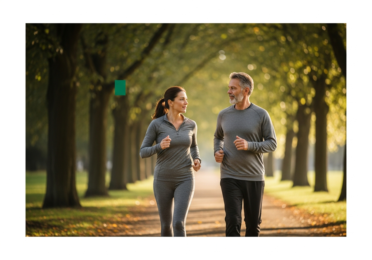 Couple d'adultes d'âge moyen marchant à vive allure dans un parc verdoyant, vêtements de sport confortables