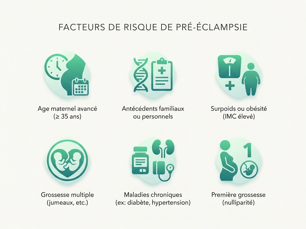 Infographie illustrant les points clés de la section « Facteurs de risque de pré-éclampsie »