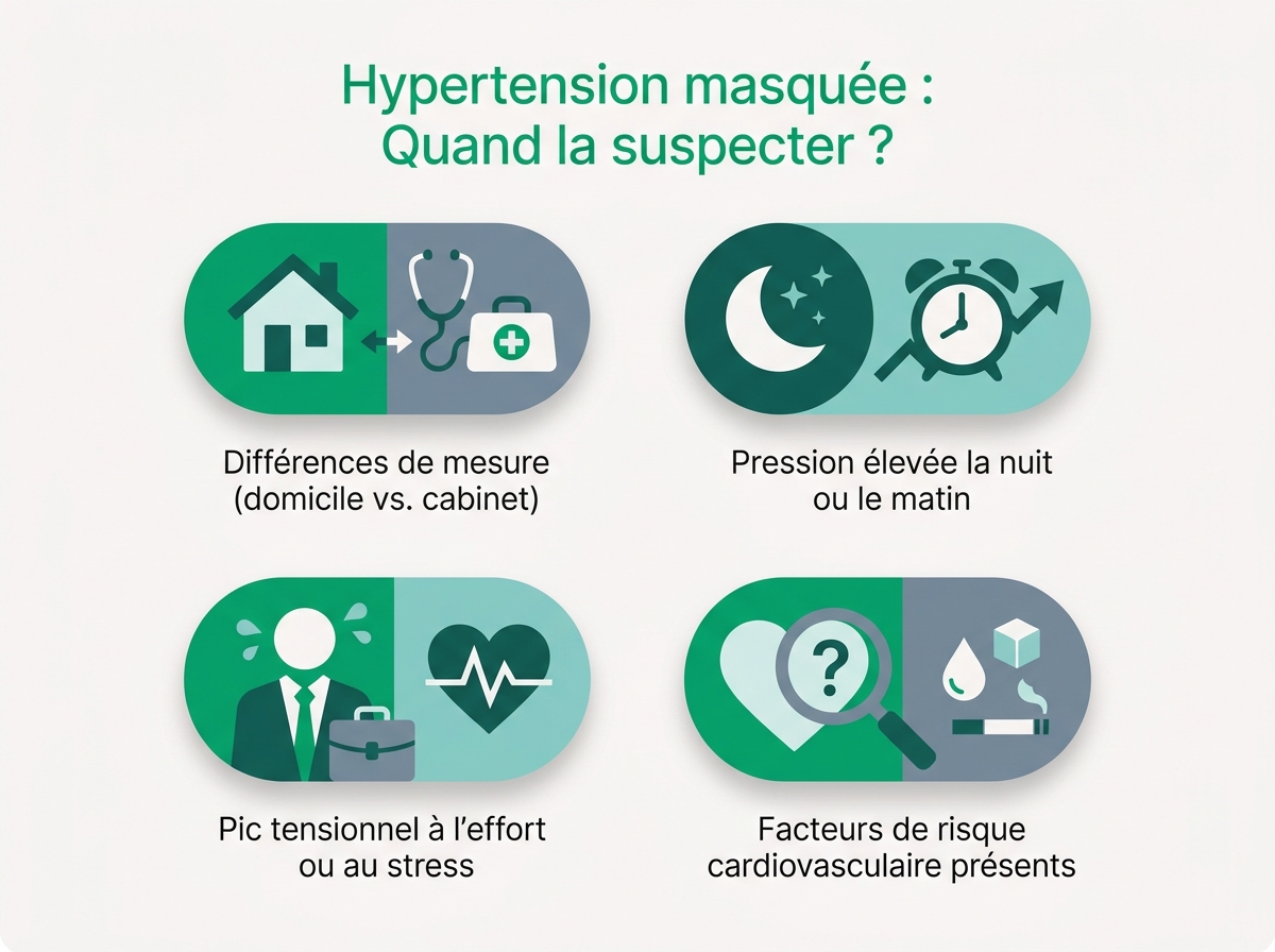 Infographie illustrant les points clés de la section « Quand suspecter une HTA masquée »
