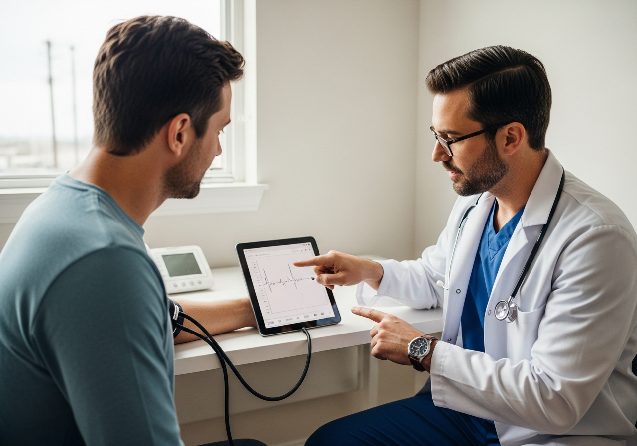 Patient d'âge moyen en consultation avec un cardiologue qui commente un tracé de tension sur écran