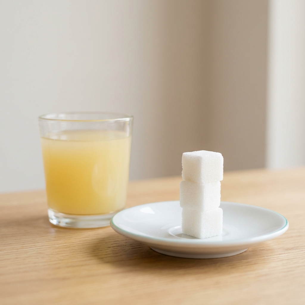 Macrophotographie de trois morceaux de sucre blanc empilés sur une petite soucoupe blanche, à côté d'un petit verre transparent de jus de fruit clair, lumière naturelle douce