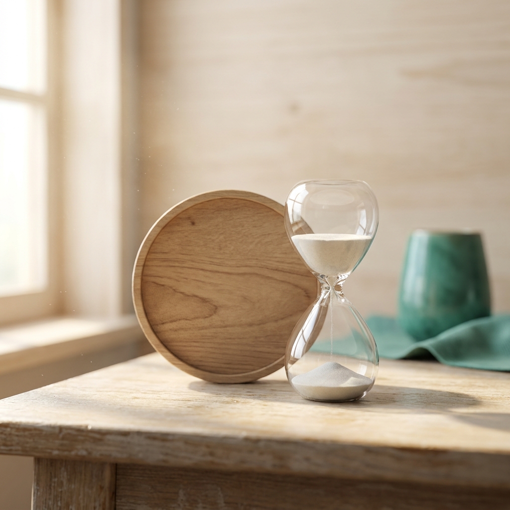 Macrophotographie d'un sablier en verre transparent et un cadran d'horloge analogique abstrait posés sur une table en bois clair, lumière naturelle douce — illustration du temps d'attente