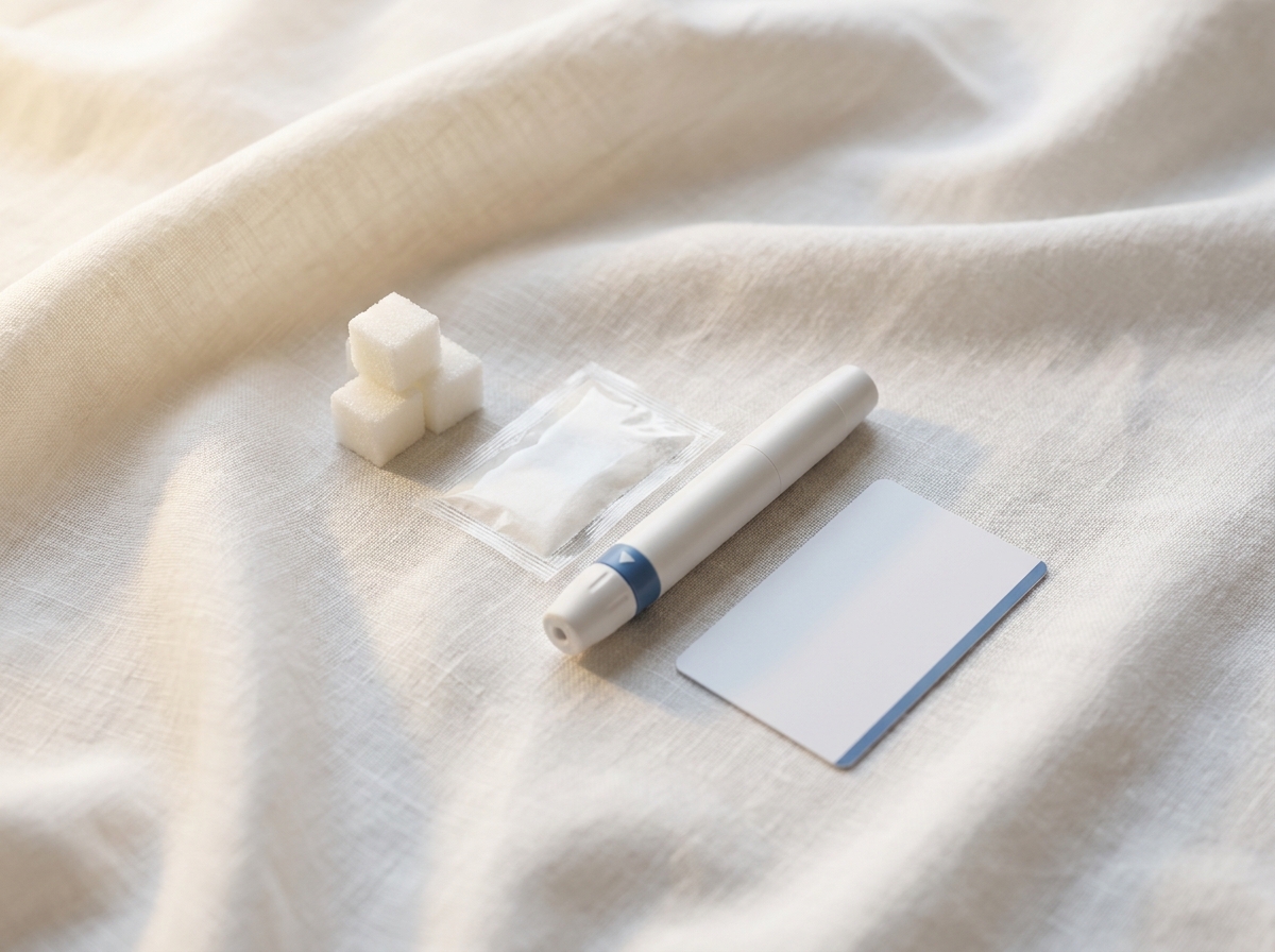 Macrophotographie en plongée d'une trousse d'urgence diabétique ouverte : sucres en morceaux, un sachet de glucose instantané, un petit étui contenant un dispositif d'injection abstrait, une carte d'identification, posés sur un drap blanc en lin
