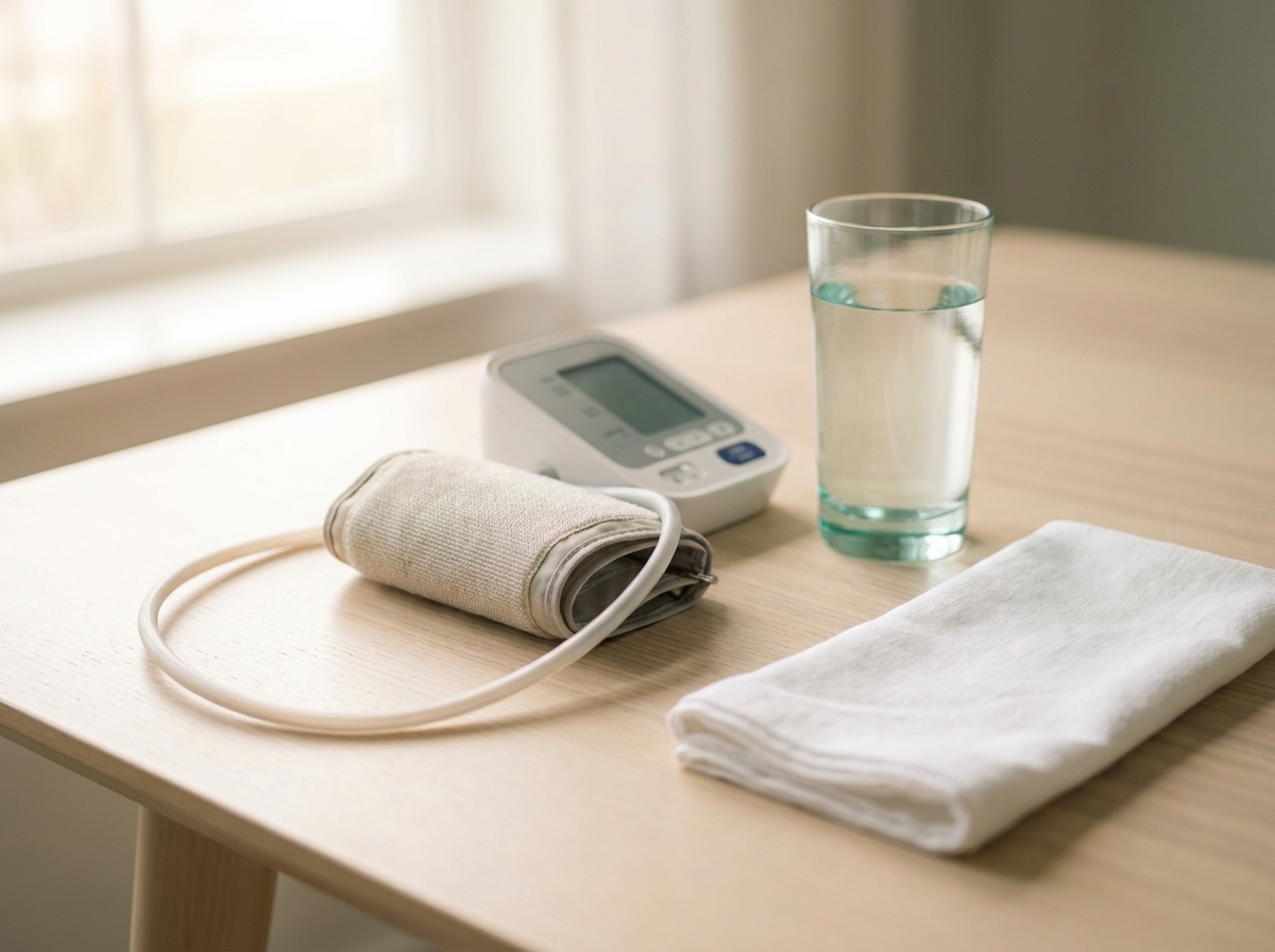 Vue rapprochée d'un tensiomètre électronique brachial générique posé sur une table claire à côté d'un verre d'eau, brassard déroulé, lumière naturelle douce