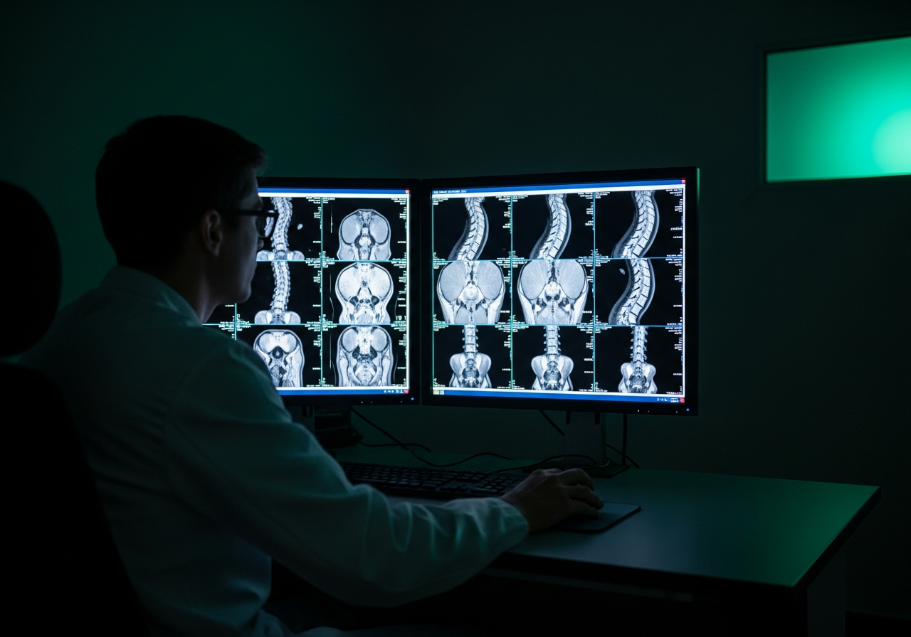 Radiologue examinant des coupes d'IRM lombaire sur un écran haute définition en salle de lecture