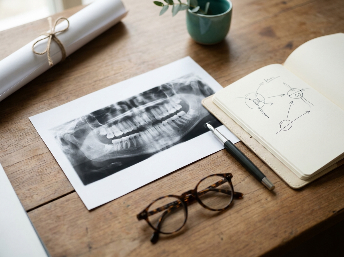 Panoramique dentaire imprimé, carnet ouvert avec croquis et stylo posé à côté sur un bureau en bois clair, lumière matinale douce