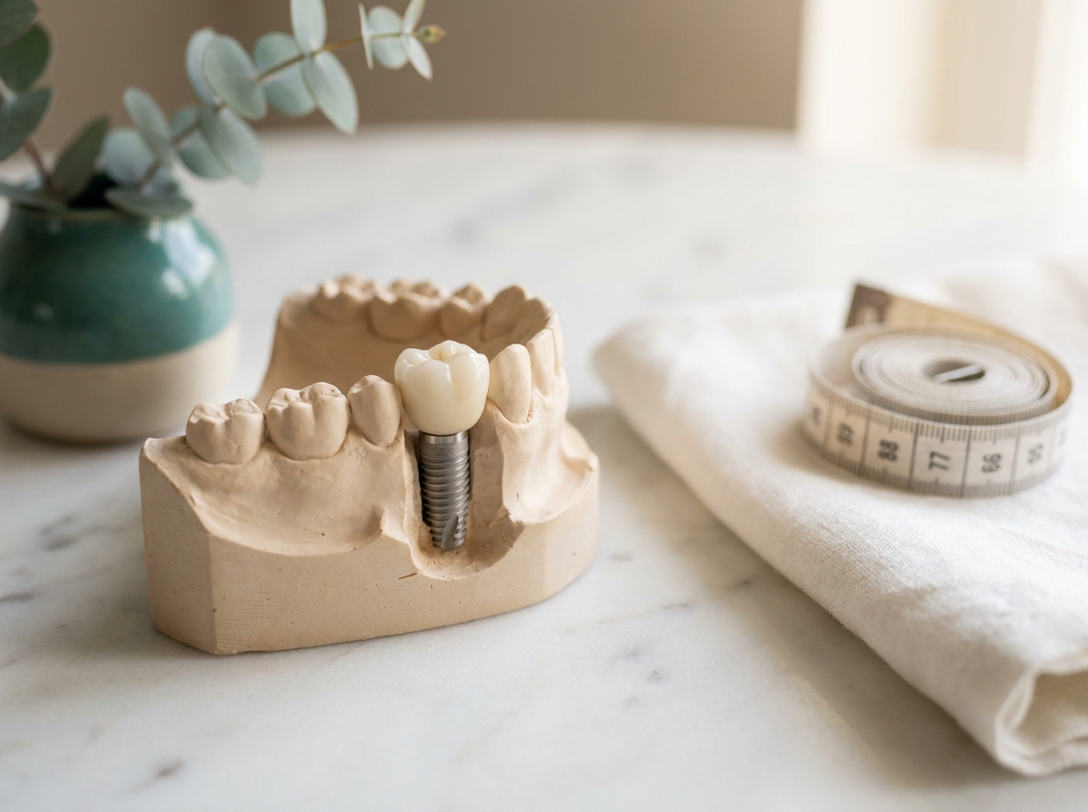 Gros plan d'un modèle d'enseignement dentaire en coupe montrant une racine implantaire en titane insérée dans une mâchoire en plâtre, posé sur un plan de marbre clair