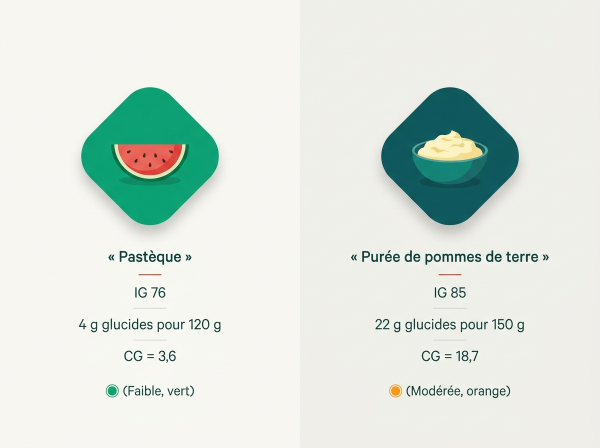 Comparaison visuelle entre l'index glycémique et la charge glycémique pour la pastèque et la purée de pommes de terre