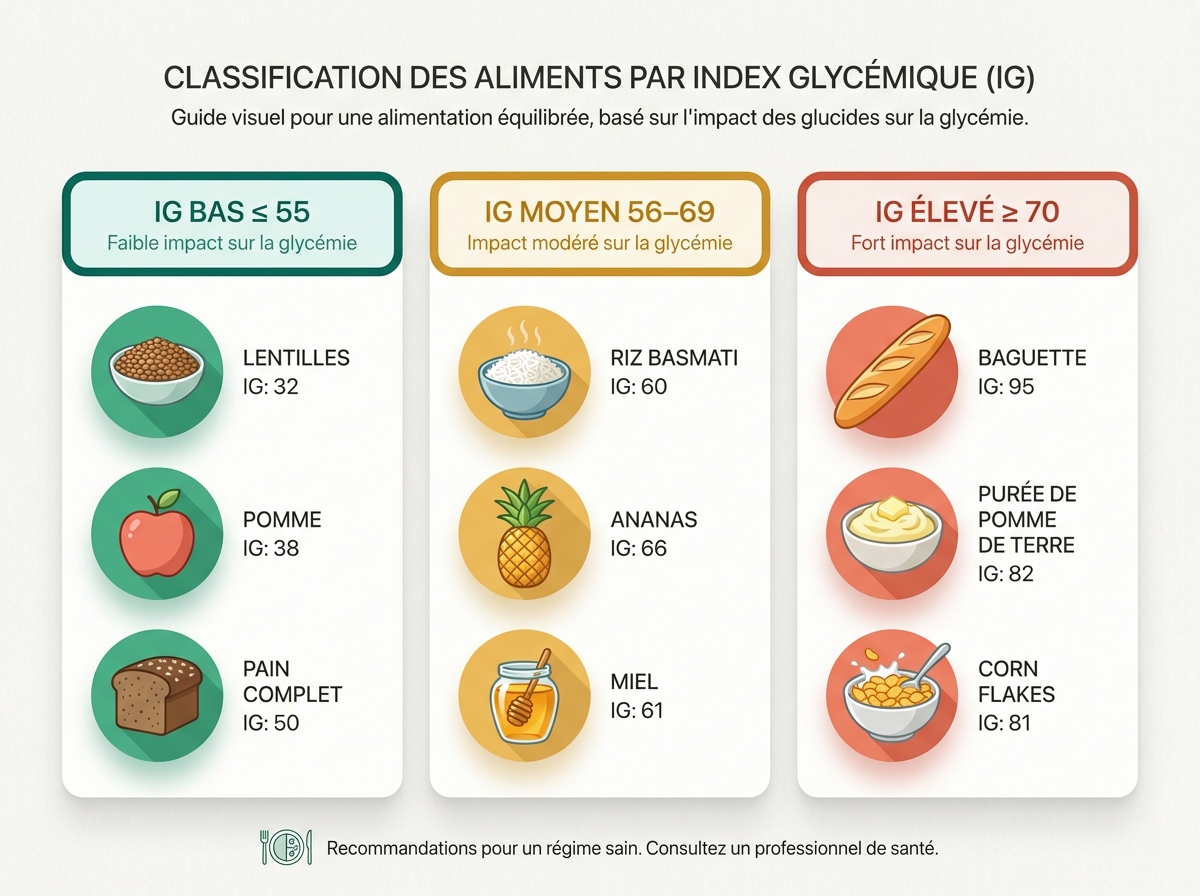 Infographie en trois colonnes classant des aliments courants par index glycémique bas, moyen et élevé avec icônes alimentaires