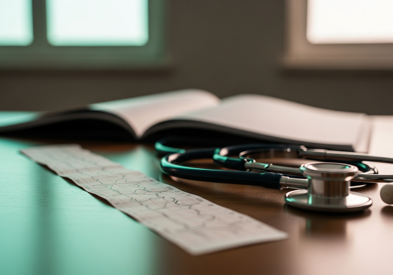 Tracé d'électrocardiogramme imprimé posé sur un bureau de cardiologue avec stéthoscope à côté, lumière douce de consultation