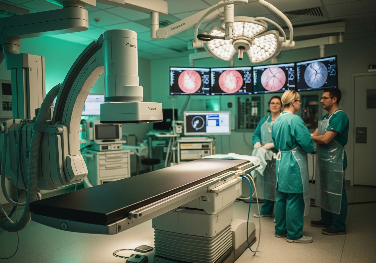 Salle de cathétérisme cardiaque avec table de coronarographie et écrans d'imagerie, équipe médicale préparant une angioplastie primaire