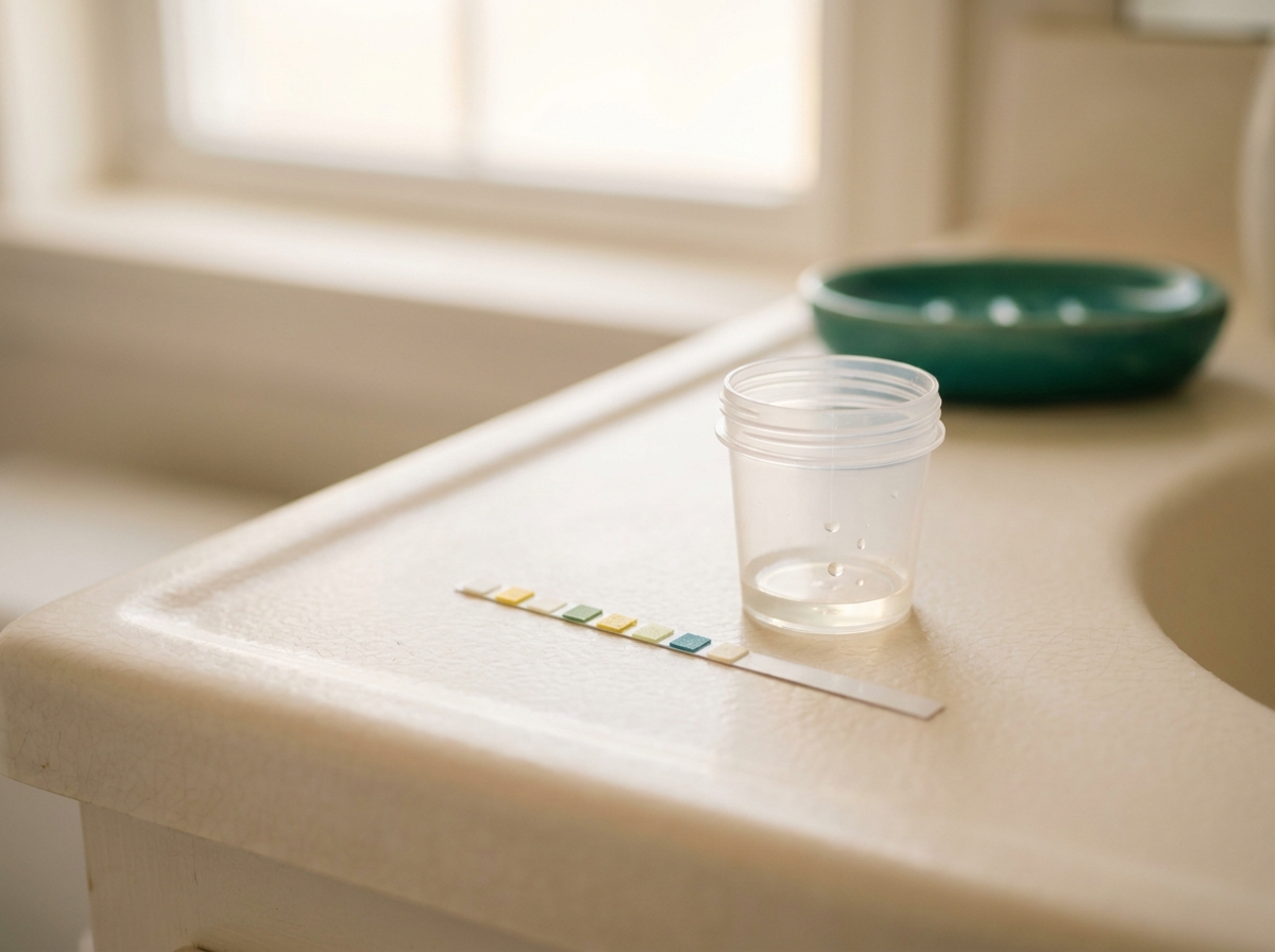 Vue rapprochée d'une bandelette urinaire générique posée sur un comptoir clair à côté d'un petit récipient transparent, lumière naturelle douce