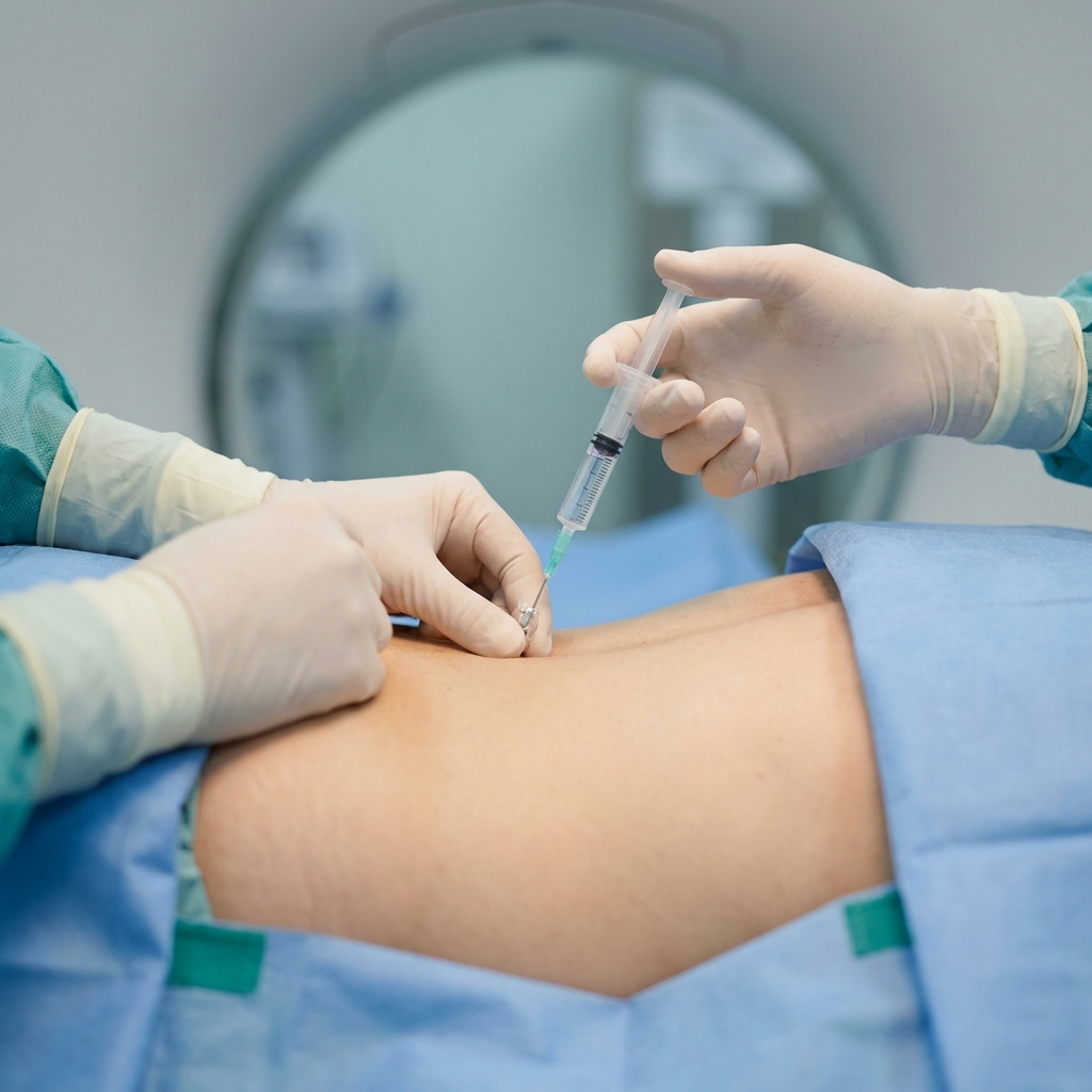 Vue clinique close-up d'une aiguille spinale 22 G en place dans la peau du dos lombaire d'un patient allongé en procubitus sur table de scanner, deux mains gantées stériles l'une stabilisant la base de l'aiguille, l'autre tenant la seringue d'injection-test de contraste, sterile drapes autour, aucun visage ni corps au-dessus de la taille, lumière naturelle douce