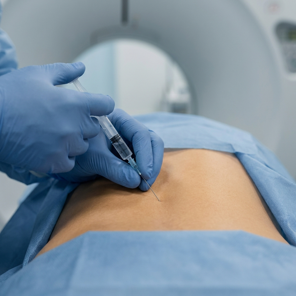 Vue clinique close-up d'une main gantée stérile injectant lentement le contenu d'une seringue de corticoïde dans une aiguille spinale en place dans le dos lombaire d'un patient en procubitus, l'autre main stabilisant la base de l'aiguille, sterile drapes, aucun visage ni corps au-dessus de la taille, lumière naturelle douce