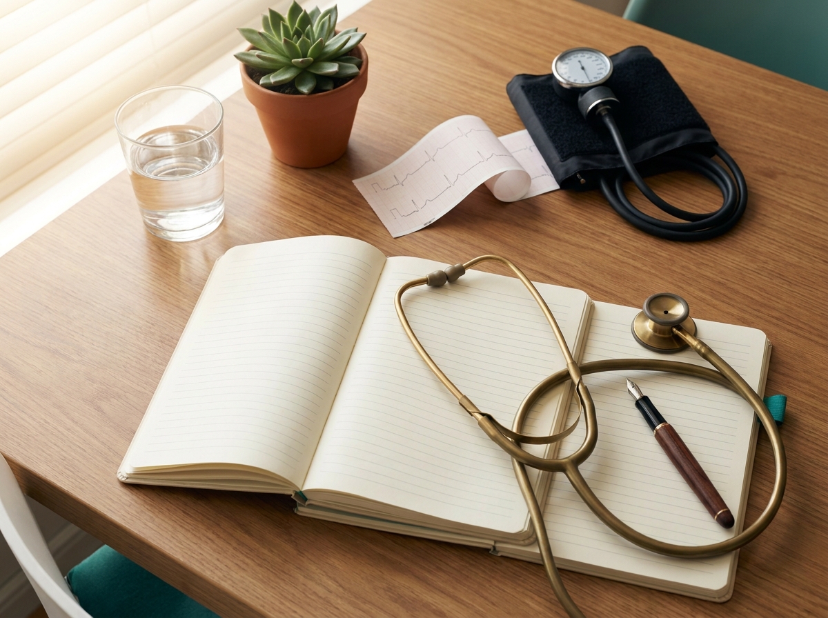 Stéthoscope acoustique en laiton posé sur un bureau de consultation de cardiologie, carnet d'examen clinique ouvert, tensiomètre brassard et ECG papier à côté