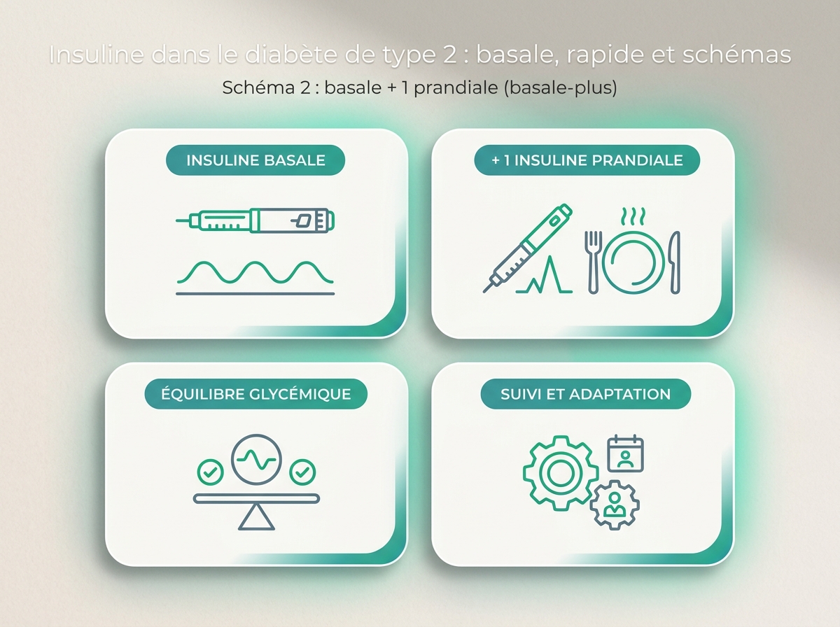 Infographie illustrant les points clés de la section « Schéma 2 : basale + 1 prandiale (basale-plus) »