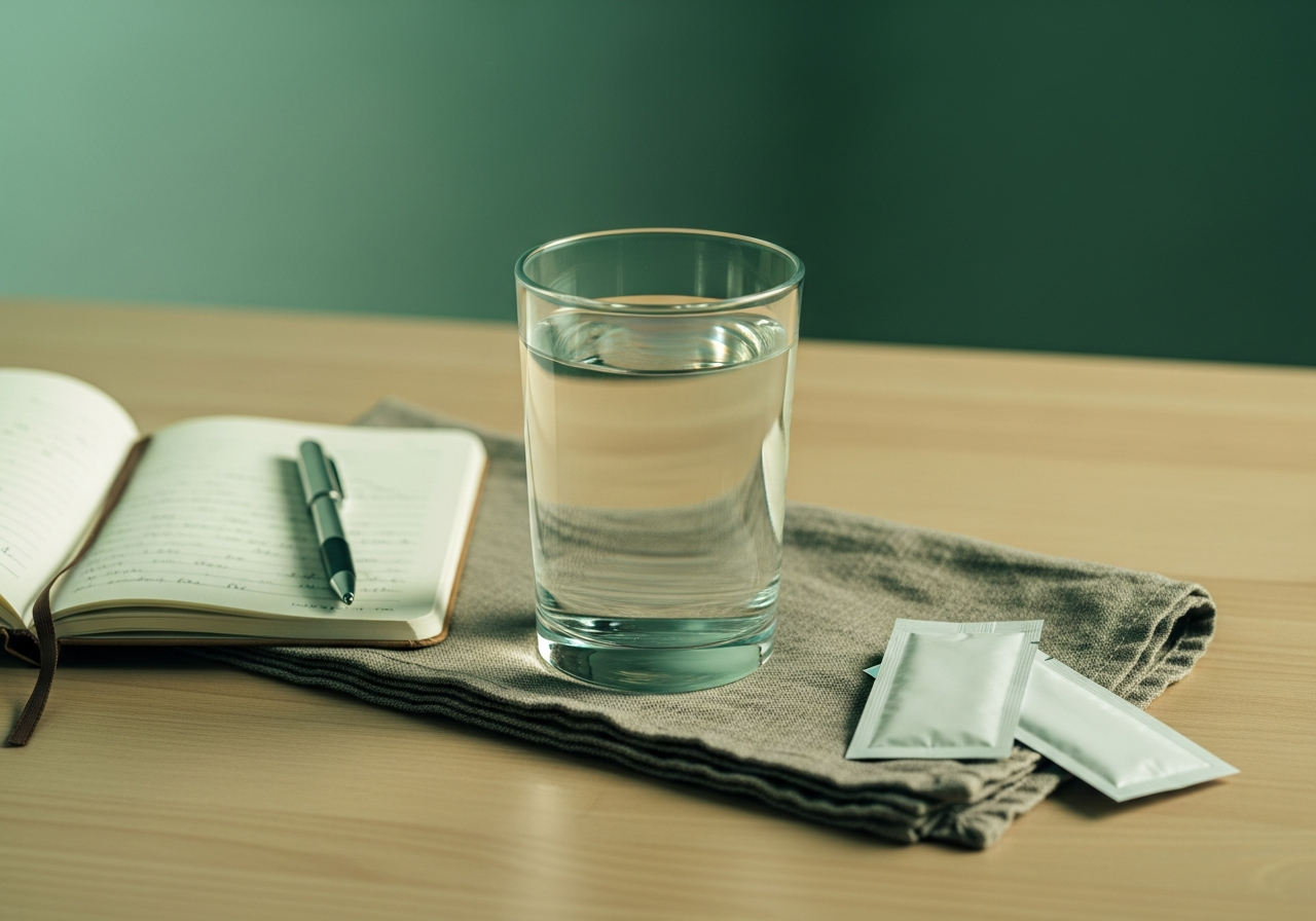 Verre d'eau, sachets monodose d'alginate et carnet de suivi des symptômes sur une table de cuisine — alternative IPP