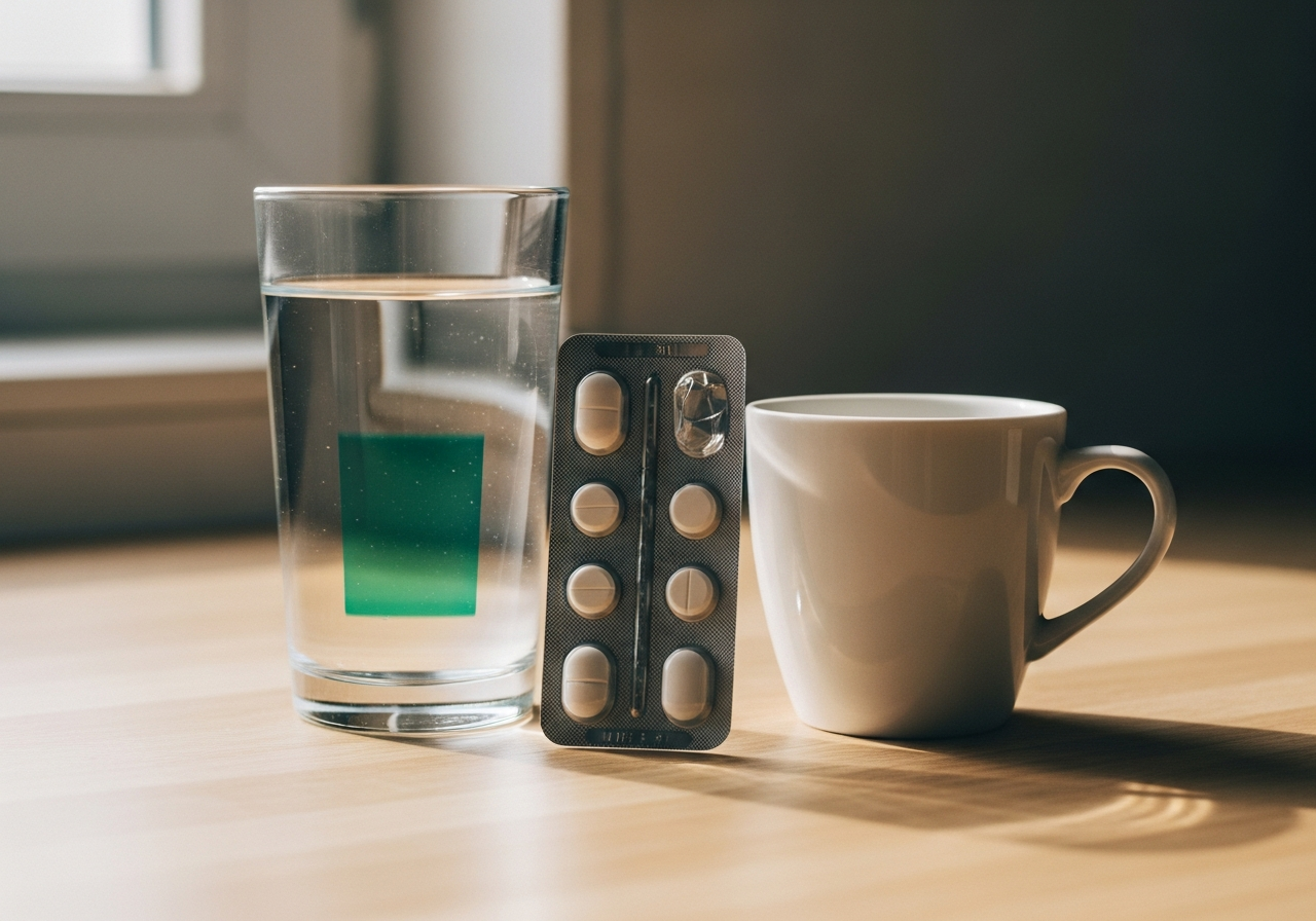 Comprimés d'IPP sortis d'une plaquette thermoformée sur une table de cuisine à côté d'un verre d'eau, prise matinale à jeun