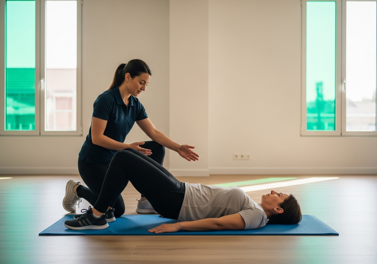 Adulte réalisant un exercice de gainage au sol dans une salle de rééducation, accompagné d'un kinésithérapeute