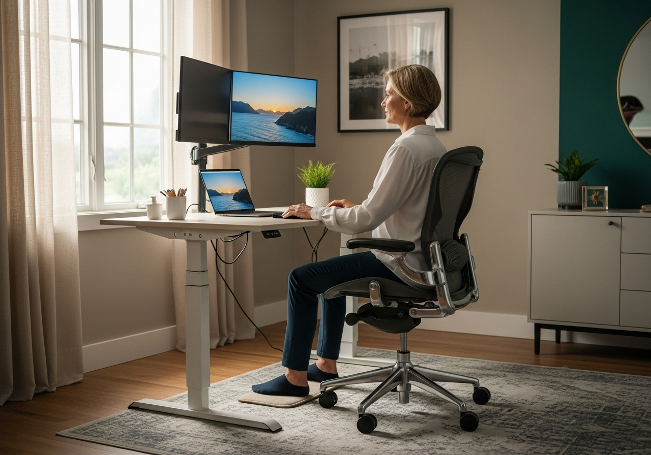 Adulte installé à un poste de travail ergonomique, dos droit, écran à hauteur des yeux, chaise de bureau réglable