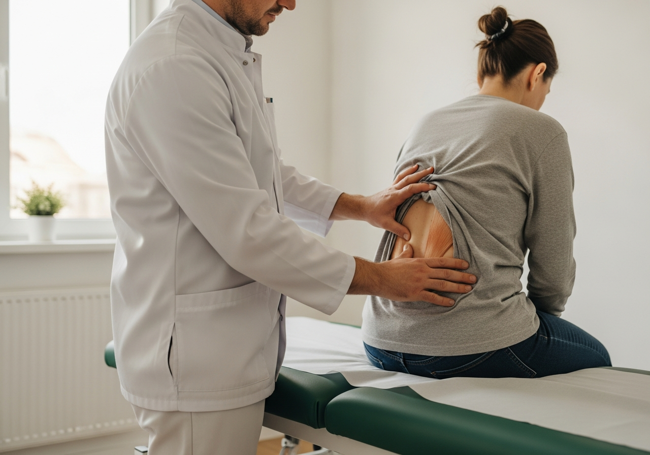Médecin généraliste palpant le bas du dos d'un patient assis sur une table d'examen dans un cabinet médical