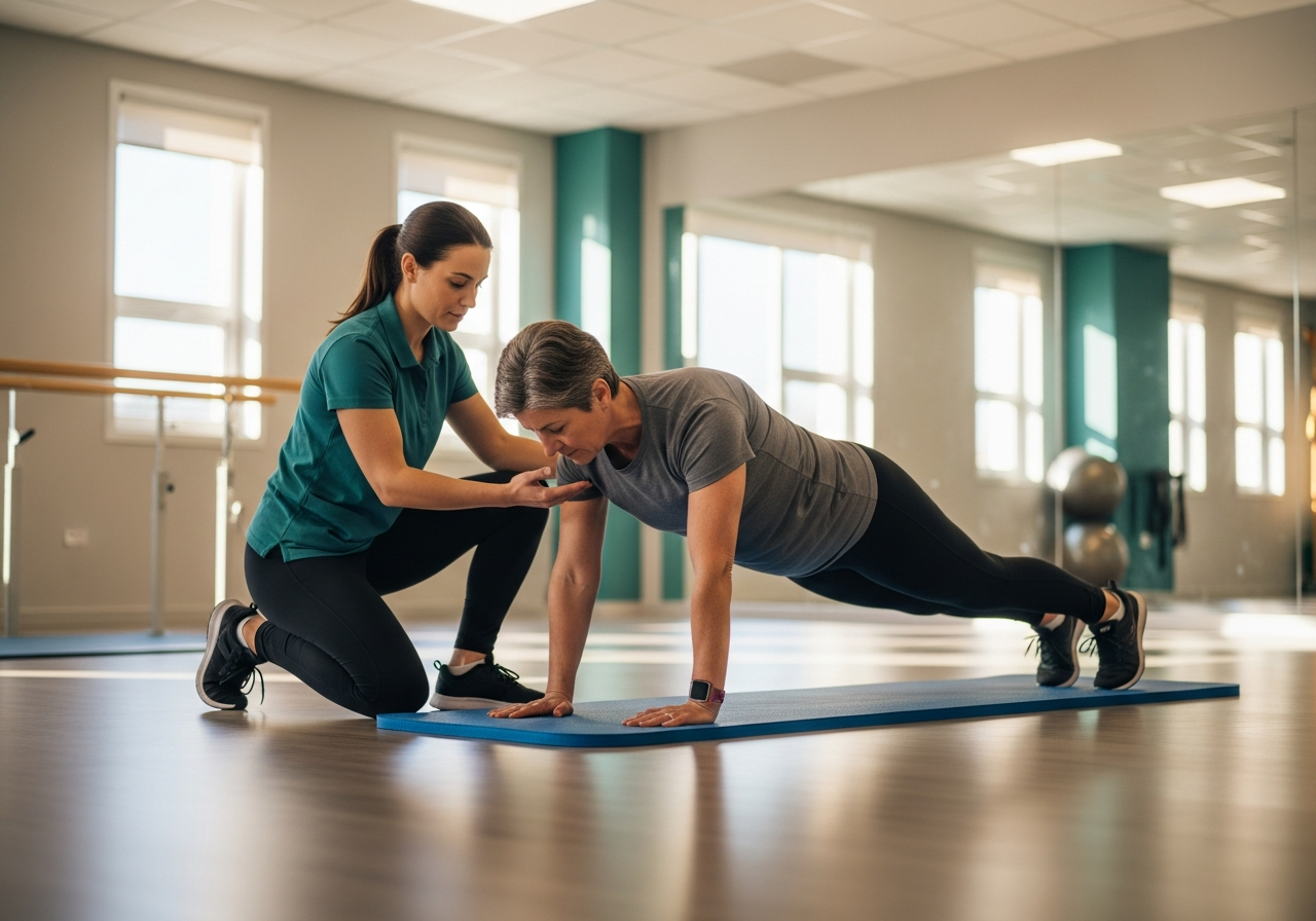 Patient adulte réalisant un exercice de gainage sur un tapis, guidé par un kinésithérapeute dans une salle de rééducation