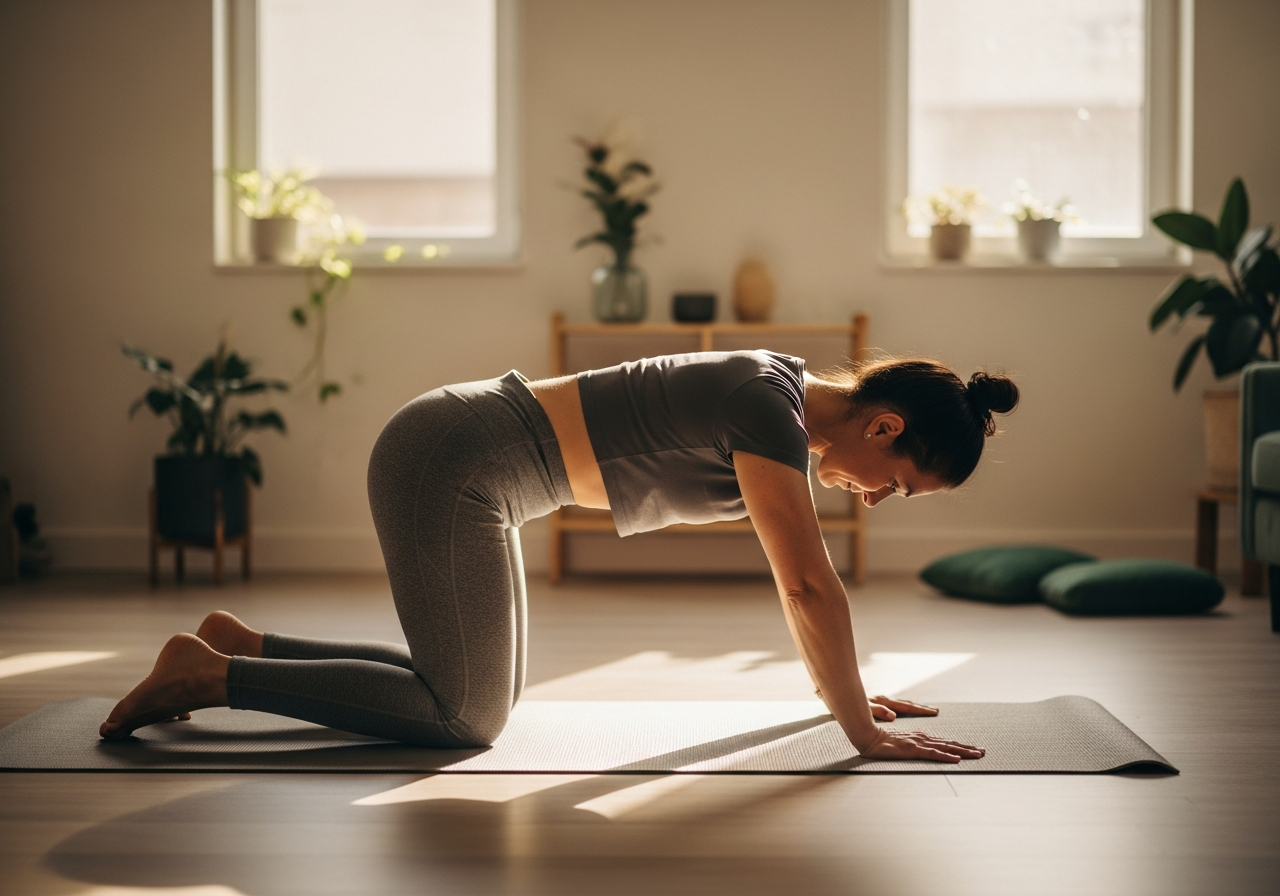 Adulte en tenue sportive réalisant la posture du chat-vache sur un tapis de yoga dans un salon lumineux