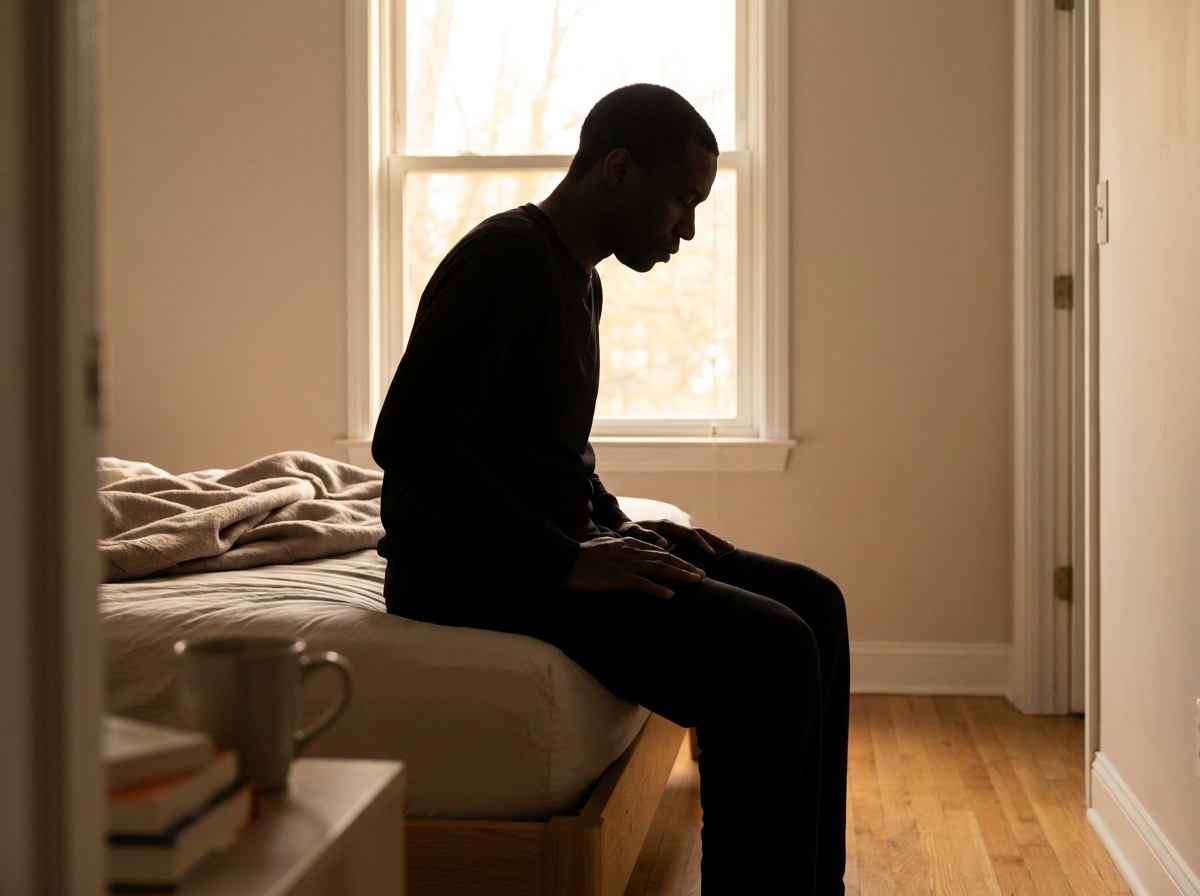 Silhouette d'un adulte assis en bord de lit, dos courbé, mains posées sur les cuisses, vu de profil contre une fenêtre, lumière naturelle douce du matin