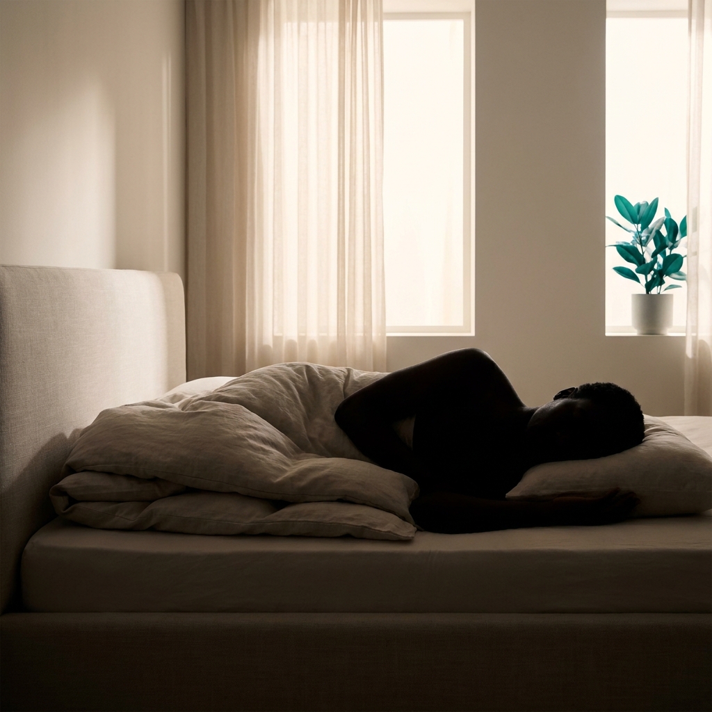 Silhouette d'un adulte allongé sur le côté en position fœtale dans un lit, vue éloignée de profil, lumière naturelle douce filtrant à travers la fenêtre — illustration de la phase aiguë du lumbago