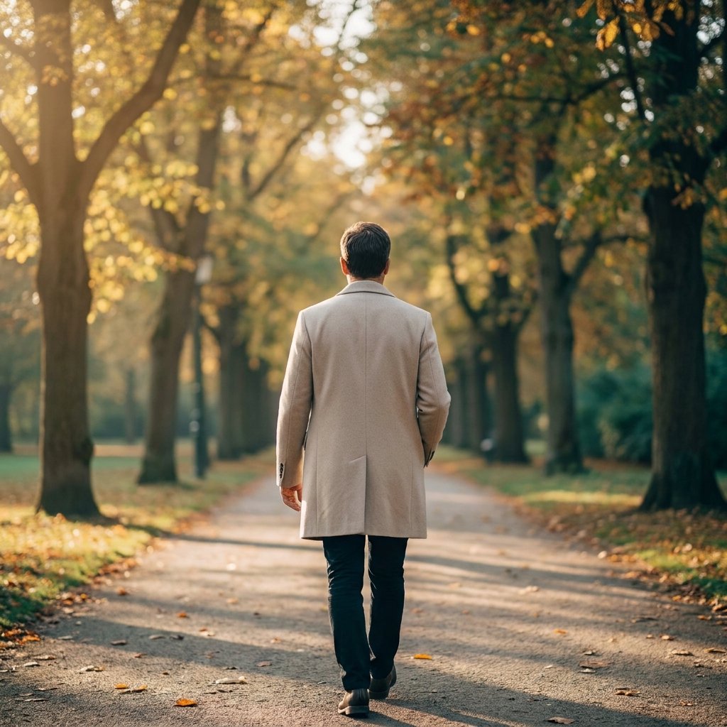 Silhouette d'un adulte marchant dans un parc urbain au petit matin, vue de dos en plan large, manteau léger, lumière naturelle douce filtrant à travers les arbres — illustration de la reprise de l'activité physique