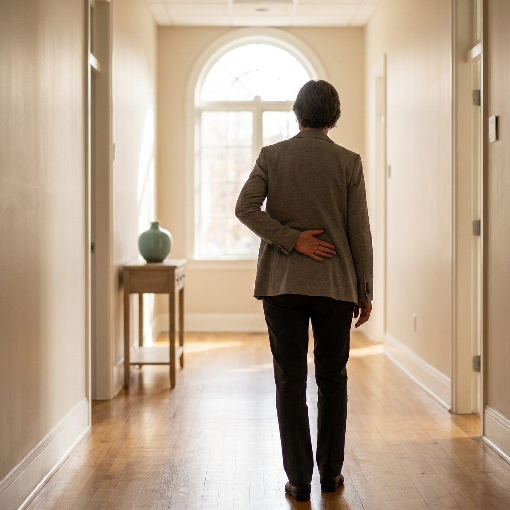 Silhouette d'un adulte marchant lentement dans un couloir d'appartement, vue de dos en plan large, lumière naturelle douce — illustration de la reprise progressive du mouvement