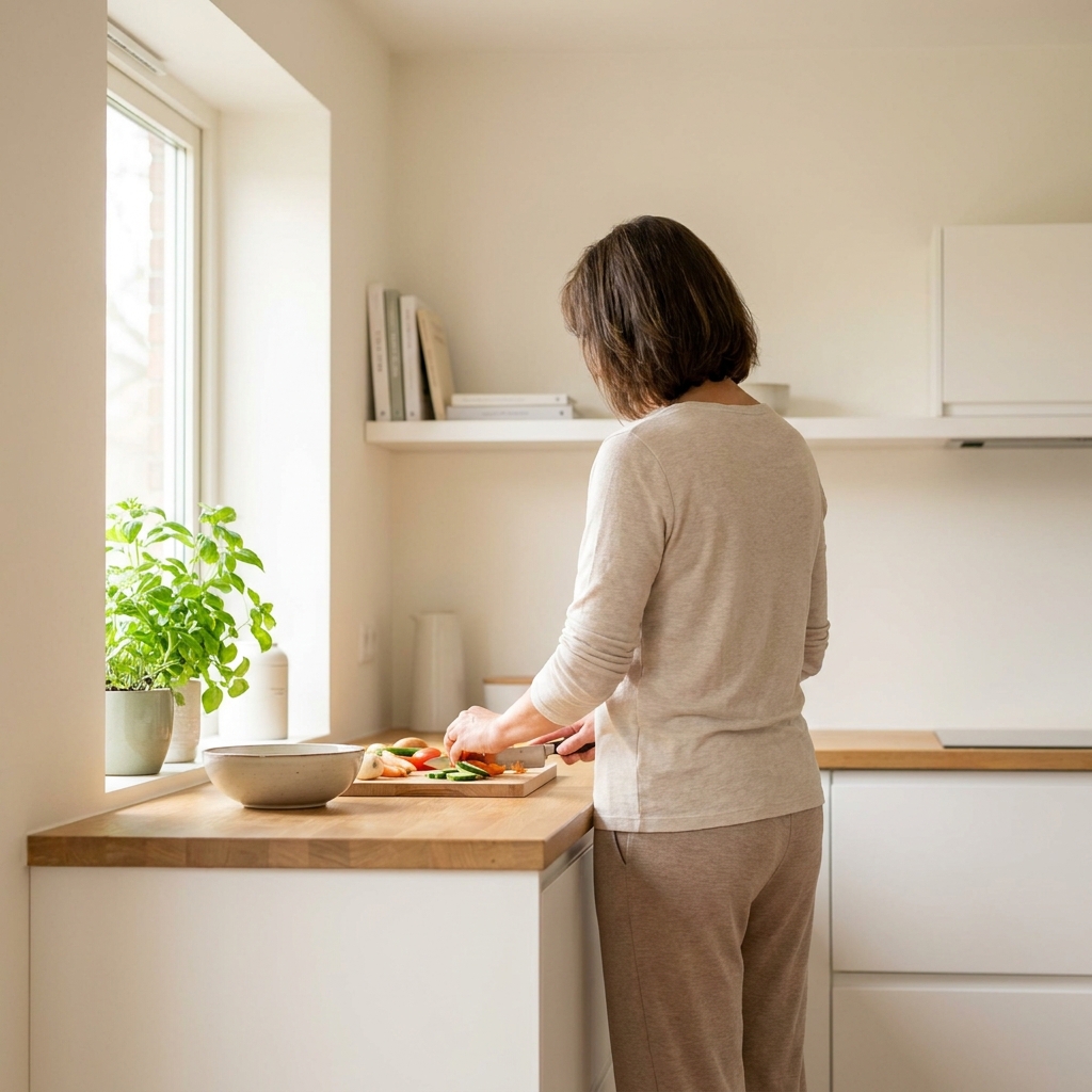 Silhouette d'un adulte debout dans une cuisine lumineuse, vue en plan large de dos, occupé à préparer un repas simple, lumière naturelle douce — illustration de la reprise des activités quotidiennes