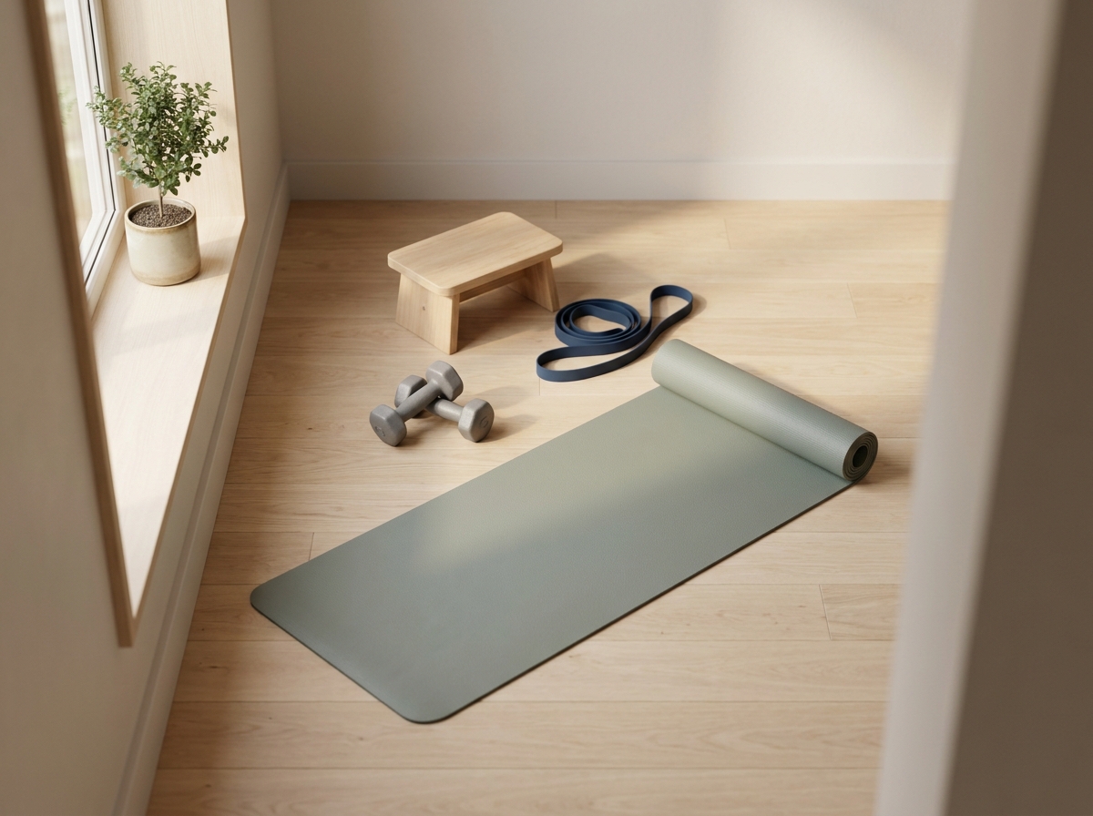 Vue en plongée d'un cabinet de kinésithérapie : tapis de sol, deux haltères légers, un élastique de résistance, une chaise basse, lumière naturelle douce, fenêtre filtrant la lumière